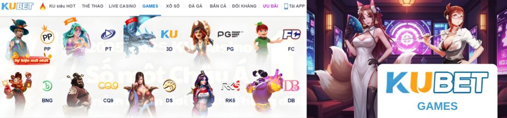 Banner KUBET Games với hình nhân vật hoạt hình và logo các nhà cung cấp trò chơi như PP PT PG FC BNG CQ9 DS RK5 và DB