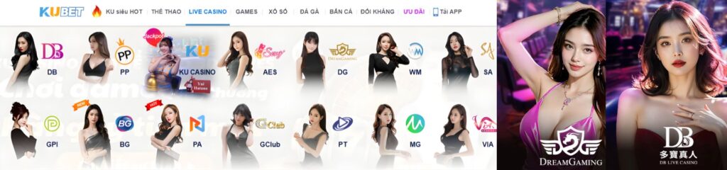 Banner KUBET Live Casino với hình người mẫu và logo các nhà cung cấp như DB PP AES DG WM SA BG GPI GClub PT MG và VIA