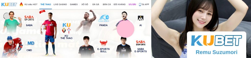 Banner Kubet với hình người mẫu mỉm cười và các danh mục thể thao e-sports và nhà cung cấp cá cược nổi bật